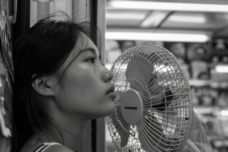 A young woman stands in a shop, seeking respite from the heat with a handheld fan. Her expression is a mix of exhaustion and resignation.の素材