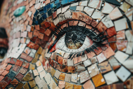 A close-up shot of a mosaic eye, capturing the intricate detail of the artwork.の素材