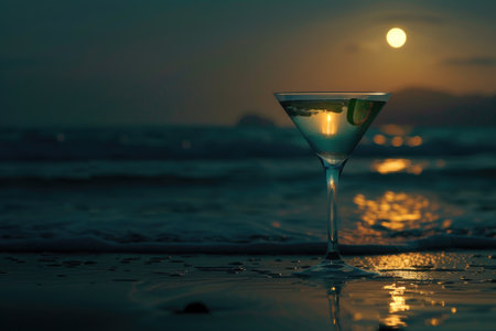 A single martini glass with a lime wedge sits on a sandy beach as the sun sets over the ocean in the background.の素材