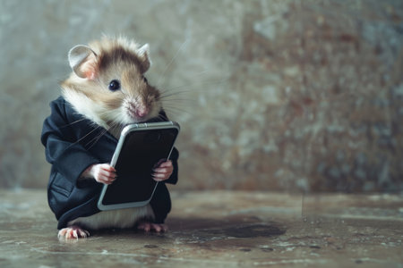 A small mouse wearing a suit sits on a table, intently scrolling through a smartphone.の素材