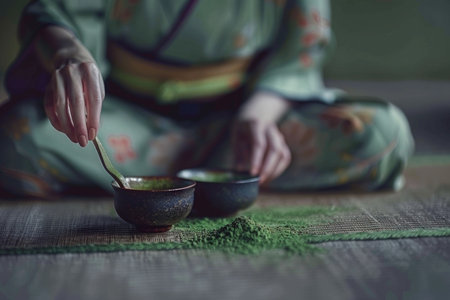 A woman in a traditional Japanese robe prepares a bowl of matcha, the green tea powder used in the traditional tea ceremony.の素材