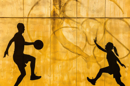 Two people, silhouetted against a bright, yellow, textured wall, play basketball.の素材