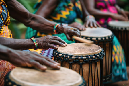 A group of women in vibrant traditional clothing play a rhythmic beat on djembe drums during a lively cultural performance.の素材