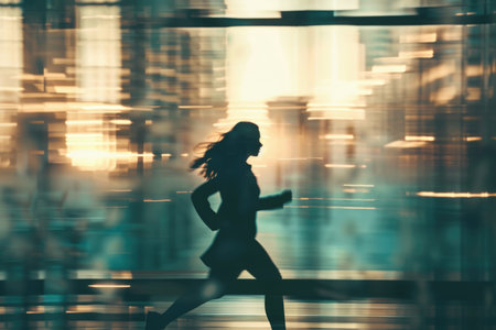A woman runs through a city at night, her silhouette stark against the blurred lights of the cityscape.の素材