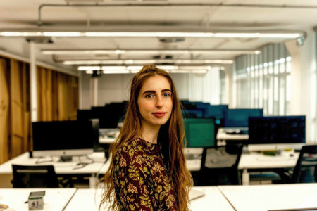 A young woman with long brown hair sits in an office space, her gaze directed towards the viewer as she works on a computer.の素材