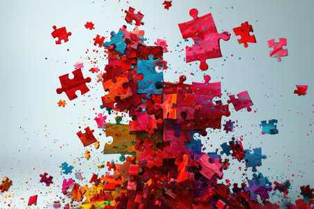 A swirling, vibrant explosion of colorful puzzle pieces against a light gray background.の素材