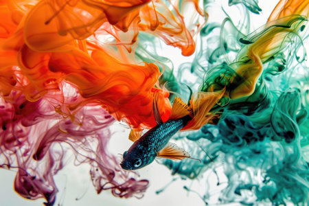 A single fish swims through swirling, vibrant ink, creating an abstract, colorful underwater world.の素材