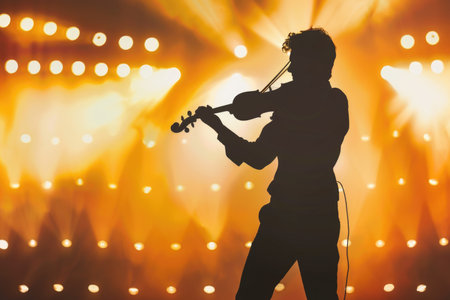 A silhouetted violinist performs on stage, bathed in warm, golden light from the stage lights. The audience is blurred in the background, creating a sense of intimacy and focus on the musician.の素材