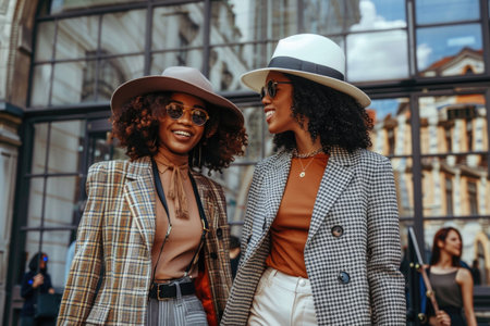Two women in stylish hats and sunglasses walk and chat in a city setting.の素材