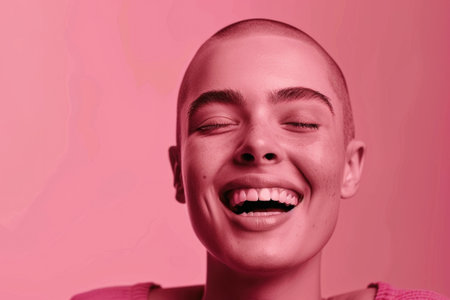 A woman with a shaved head beams with happiness, her eyes closed as genuine she lets out a joyful laugh.の素材
