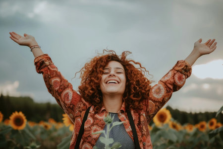 A woman with curly red hair stands in a field of sunflowers, arms outstretched, smiling brightly at the sky.の素材