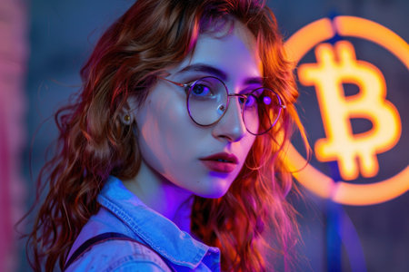 A young woman with red hair and round glasses looks intently at the camera, a glowing Bitcoin symbol in the background.の素材