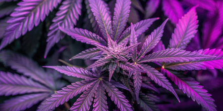 A close-up view of a purple cannabis bud, illuminated by grow lights, showing its vibrant color and intricate details.の素材