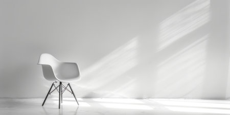 A lone white chair sits in a sunlit room, bathed in the soft glow of natural light streaming through a window.の素材