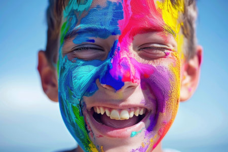 A young boy with his face painted in vibrant colors smiles broadly for the camera, his expression full of joy and exuberance.の素材
