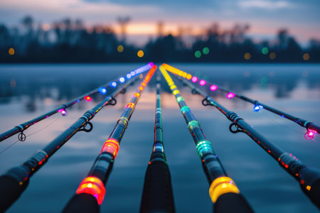Fishing rods with colorful lights line up on a frozen lake at dusk.の素材