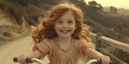 A young girl with long, curly red hair rides a bicycle down a winding road, smiling as the sun sets behind her.の素材