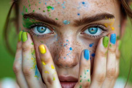 A young woman with colorful paint splattered across her face and hands looks directly at the viewer with a youthful intensity.の素材