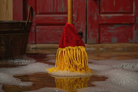 A red and yellow mop sits in a puddle of soapy water, surrounded by white bubbles. A weathered red door is in the background.の素材