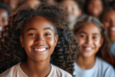 A young girl with curly hair smiles brightly at the camera, surrounded by her friends.の素材