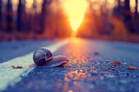 A snail crawls along a paved road at sunset, its shell glistening in the golden light.の素材
