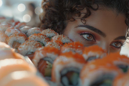 CloseUp of Woman's Eyes Behind Fresh Sushi Rolls in Natural Light.の素材