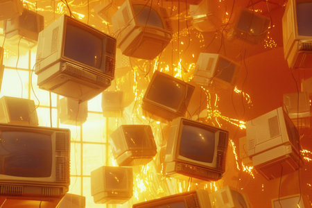 Vintage CRT Monitors Floating in Fiery Backdrop Retro Technology Concept Art.の素材