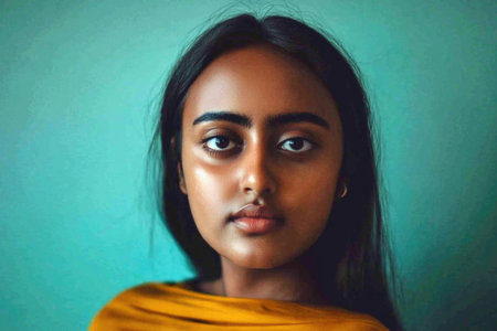 Portrait of a Young Woman with Long Hair Against a Blue Background.の素材