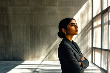 Confident Businesswoman in Modern Office Space with Natural Light and Concrete Walls.の素材