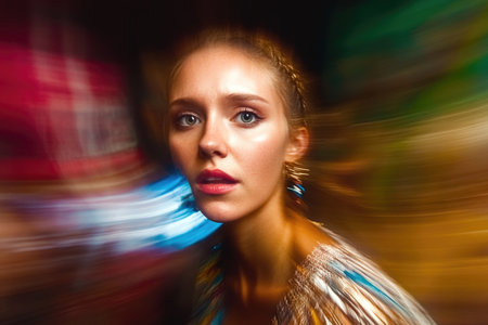 Portrait of Woman in Colorful Dress with Blurred Background - Artistic Motion Effect.の素材