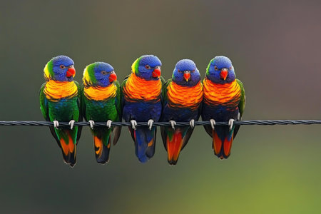 Vibrant Lorikeets Perched in a Row Against Blurred Gradient Background - Nature, Wildlife, and Tropical Birds Photography for Poster or Design.の素材