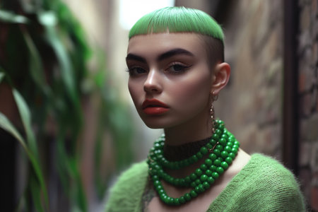 Close-Up of Bratcore Fashion Accessory Featuring Green Necklaces and Sharp Hairstyle in Urban Setting.の素材