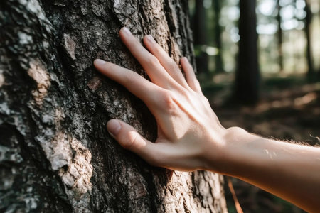 Close-Up of a Person's Hand Gently Touching Tree Bark in a Forest Scene, Peaceful Nature Encounter.の素材