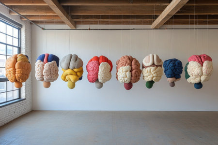 Colorful Floating Brain Models for Neuroscience and Education Display in Modern Art Setting.の素材