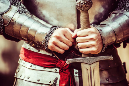 Close-Up of a Medieval Knight in Full Armor Holding a Sword - Historical Fiction and Renaissance Fair Themes.の素材