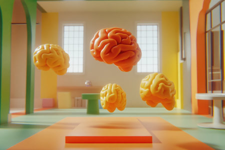 Colorful Floating Brain Models in Modern Room Design for Educational and Creative Concepts.の素材