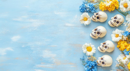 Day of the Dead Celebration with Colorful Flowers and Skull Decorations on Blue Background.の素材