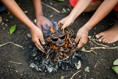 Traditional Ritual: Close-Up of Hands Performing Fire Ceremony for Cultural Celebration.の素材