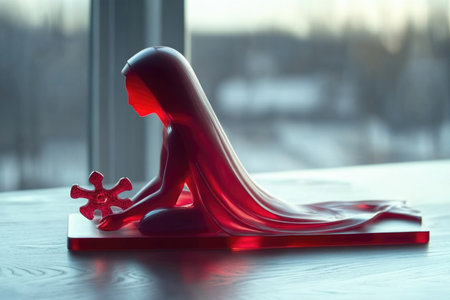 Glassmorphism Chaos: Red Translucent Art Sculpture with Puzzle Piece on Smooth Surface.の素材