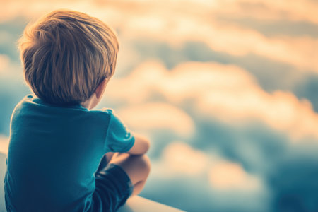 Child Gazing at Cloudy Sunset Above the Clouds â Serene and Dreamy Scenic Moment.の素材