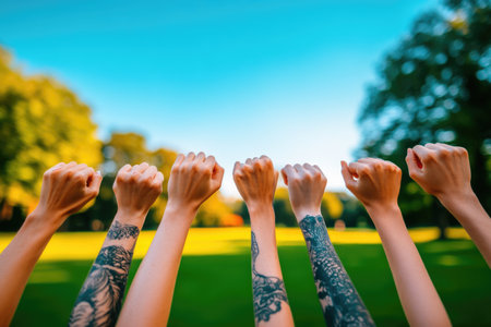 Unity and Support for World Teachers Day: Diverse Tattooed Hands Raised in Solidarity and Celebration.の素材