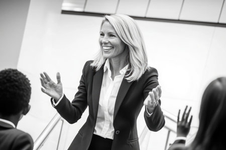 Enthusiastic Female Teacher Engages with Students in Positive Classroom Environment.の素材