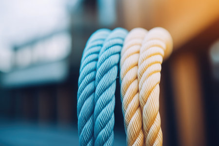 Vibrant Close-Up of Three Colored Ropes Highlighting Diversity and Unity in Macro Photography.の素材