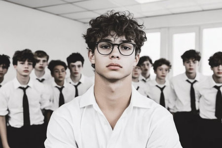 Student in Classroom Surrounded by Classmates in Chaotic Environment - Educational Setting.の素材