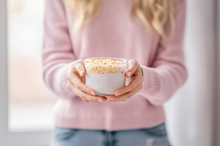 Celebration of World Vegetarian Day: Woman Holding Bowl of Healthy Grains.の素材