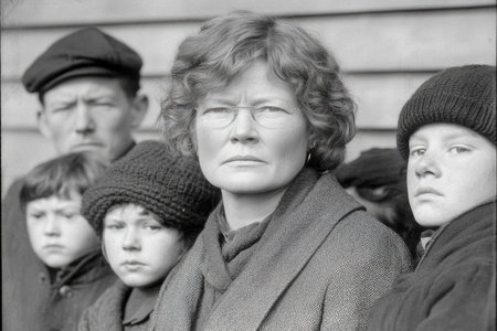 Portrait of a Female Teacher in Historical Attire Surrounded by Children in Vintage Setting.の素材