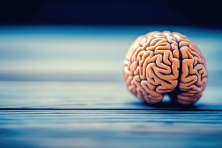 Neurodiversity and Chaos Concept: Brain on Wooden Surface in Artistic Blue Light.の素材