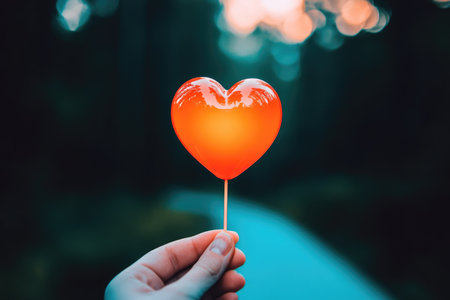 Heart-Shaped Lollipop in Hand with a Bokeh Background - Symbolizing Love, Passion, and Volunteerism.の素材