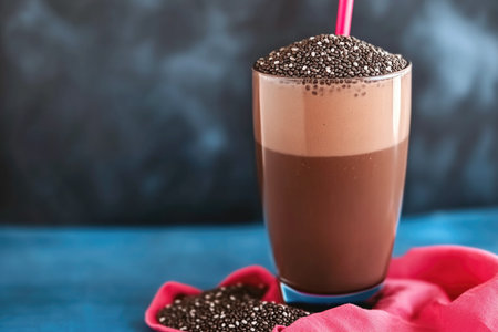 Chocolate Smoothie with Chia Seeds in a Glass on Blue Background.の素材