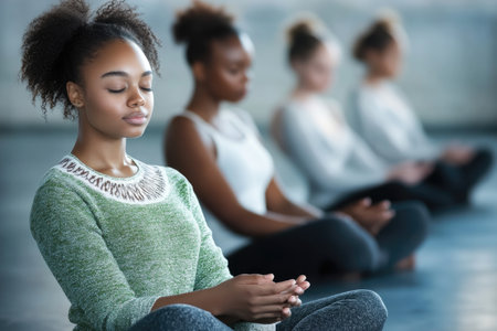 Diverse Women Meditating in a Group Session: Peace, Mindfulness, and Relaxation in Yoga Practice.の素材